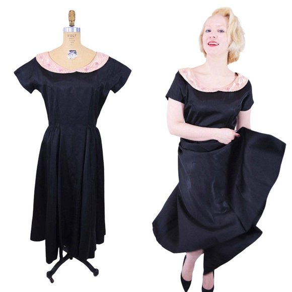 Vintage 1940s Black Party Dress Pink Beaded Collar Evening GownW 29